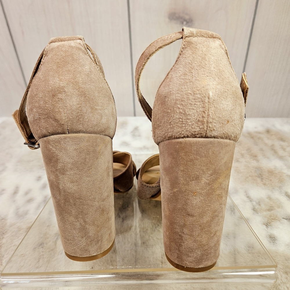 Steve Madden Suede Tan Heels 7M Sarall Open Toes Ankle Straps Office Core Date‎ - Picture 3 of 13